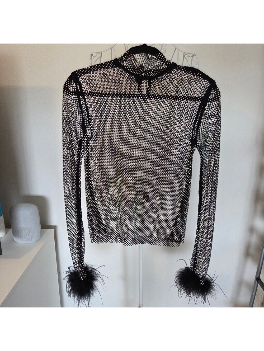 Black Mesh Long Sleeve Top with Rhinestones and Feather Cuffs Size Small